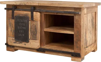 A wooden chest with a sliding door and metal accents.