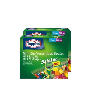 Produktbild von Toppits Mini Zip-Verschluss Beutel 20x150ml und 20x380ml mit SafeLoc (2er Pack)