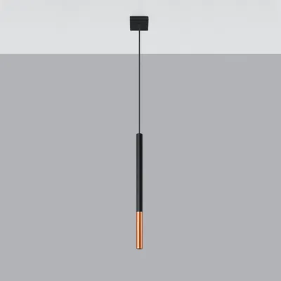 A single pendant light fixture hanging from a ceiling against a gray and white background.