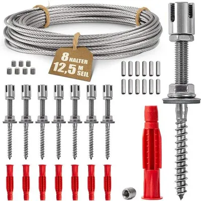 Obrázek produktu pro Nerezová opora pro rostliny, profesionální sada s nástěnnými držáky a 3mm lanem (8 držáků, 12,5 m lana)
