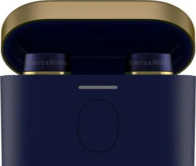 A close-up view of a pair of blue and gold Bowers & Wilkins PI7 S2 Bluetooth headphones inside their charging case.