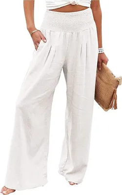 Produktbild von ASKSA Damen Weite Palazzo Hose Leinenhose High Waist Freizeithose Locker Lang Sommerhose, Weiß, M