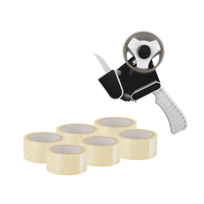 Produktbild von ARLI Handabroller Set mit 6 Rollen PP Klebeband 48 mm × 66 m leise abrollend transparent Paketband Abroller mit Pistolengriff