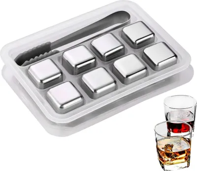 Produktbild von 8 Stück wiederverwendbare Edelstahl-Eiswürfel, Kühlsteine für Whisky, Wein, Bier, Saft, kühle Getränke