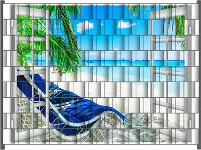 Produktbild von Wallario Zaunsichtschutz mit Motiv Blick durch ein Fenster auf den Strand für Ein- und Doppelstabmatten Zäune in der Größe 250 x 180 cm