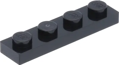A single black Lego brick with four studs is shown from a diagonal angle against a white background.