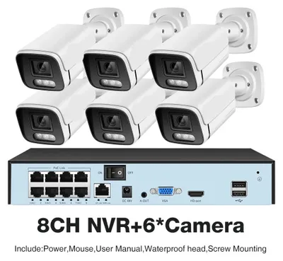 Produktbild von Überwachungskamerasystem mit 6 Kameras, einem 8-Kanal-Netzwerk-Video-Recorder (NVR), einer 4 TB Festplatte (HDD) und Nachtsichtfunktion