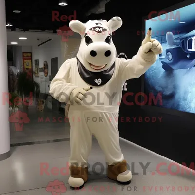 Produktbild von Maskottchen REDBROKOLY einer beigen Kuh mit Langarmshirt und Handschuhen