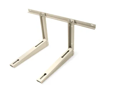 A beige metal bracket for an air conditioning unit, shown against a white background.