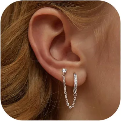 Produktbild von Ohrringe Silber 925 14K Vergoldet Doppel Piercing Ohrstecker Creolen mit Kette Zirkonia Hängend für Mehrere Ohrlöcher 2 Stück