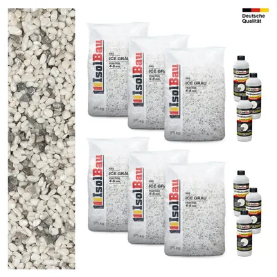 Steinteppich SET Marmorkies 150kg + 6 x PU-Bindemittel für 15m² 4/8mm Ice Grau