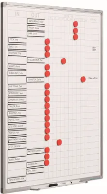 Produktbild von Magnetisches Anwesenheits-Whiteboard Slim für 25 Namen | inkl. 25x rote Magnete & 25x magnetische Namenshalter | HxB 70x60cm | 8mm-Platte | inkl. Befestigungsmaterial & Stiftablage | Sublimationsstahl | Aluminium/Weiß