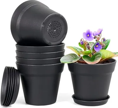 Produktbild von 6 Packs Blumentopf mit Untersetzer, 15.2cm Pflanzentopf, Plastik Übertopf Mehrere Ablauflöchern, Hydrokultur Topf, Blumentöpfe Set Ideal für Innen