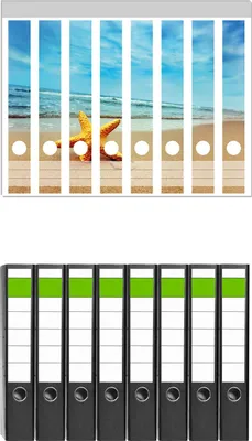Produktbild von Wallario 8 Stück schmale Ordner inkl. Klebeetiketten mit Motive Seestern am Strand am Meer -  Set mit Rückenschildern / Ordnerrücken Stickern