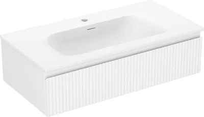 Produktbild von Mexen Rivel Badezimmerunterschrank 90 cm mit Waschbecken Vela, 1 Schublade, geriffelt, weiß matt - 91A20-09023-1-BF01-W23M01