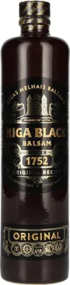 A product shot of a bottle of Riga Black Balsam.