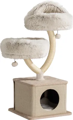 Immagine prodotto di Fudajo tiragraffi design con casetta per gatti 95 cm, tiragraffi di design per gatti con peluche e sisal, albero per gatti con grotta per gatti, albero da arrampicata per gatti
