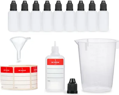 Produktbild von 10 Plastikflaschen 30 ml LDPE, G14, Tropfeinsatz, Deckel schwarz, Mini-Trichter, 150 ml Messbecher