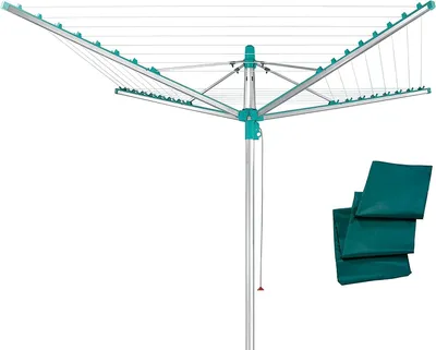 Produktbild von Leifheit Wäschespinne Linomatic 500 Easy inkl. Schutzhuelle, Leineneinzug für saubere Wäsche, Wäscheschirm mit Easy-Lift-System und Bodenhülse, 50m Leinenlänge für 5 Wäscheladungen [Amazon Exclusive]