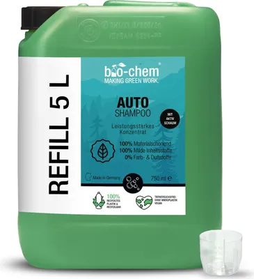 Produktbild von bio-chem AutoShampoo biologisch abbaubar – 5 L Kanister – pH-neutrales Konzentrat – Kraftvoll gegen Schmutz, schonend zum Lack – greift Wachs-Versiegelung nicht an - Germany