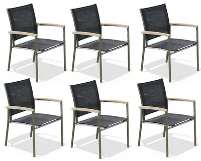 Produktbild von ALEOS. 6er Set Designer Gartensessel mit Armlehne – Edelstahl & A-Grade Teak, Batyline/Textilene Sitzflächen, stapelbar, robust – Gartenstuhl, Outdoor, Terrassenstuhl, Gartenmöbel Schwarz wetterfest
