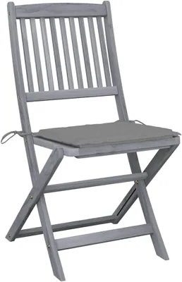 Produktbild von 6 klappbare Gartenstühle aus massivem Akazienholz mit Sitzkissen, grau lasiert, platzsparend verstaubar, bis 110 kg belastbar, für Terrasse und Hof