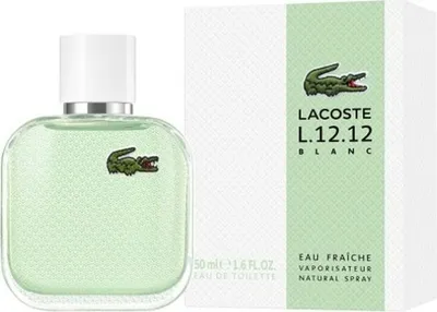 A bottle of Lacoste L.12.12 Blanc Eau Fraîche Eau de Toilette for men and its packaging.
