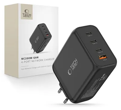 Zdjęcie produktu dla Tech-Protect Nc200W-Gan 4-portowa ładowarka sieciowa Pd 200 W / Qc3.0 Czarna