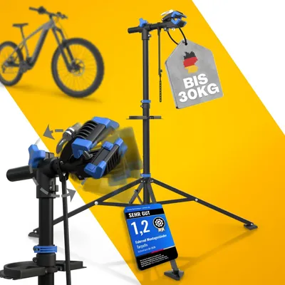 Produktbild von Tarpofix Fahrrad Montageständer bis 30 kg für E-Bike Reparaturständer höhenverstellbar 98-155 cm klappbar 360 Grad Blau