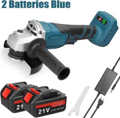Image de Meuleuse d'angle - Batterie 21 V - 125 mm M14 - Moteur sans balais - Vitesse réglable - 19 500 tr/min - 2 batteries - Bleu