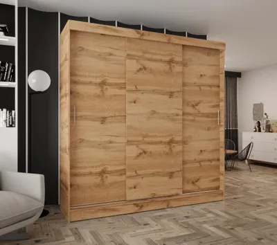 Produktbild von 3-türiger Schwebetürenschrank 250x205x58 cm Eiche Wotan mit 2 Schubladen – Moderner Kleiderschrank für Schlafzimmer und Flur