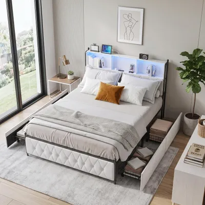 Immagine prodotto di Letto imbottito INONEFT, 180x200 cm, letto matrimoniale con 4 cassetti, letto per ragazzi con illuminazione LED e porta USB, letto contenitore, letto multifunzionale, tessuto velluto, color beige