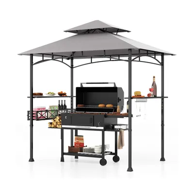 A grill pavilion with a double roof and shelves, set against a white background.