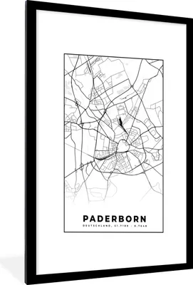 Produktbild von MuchoWow® Gerahmtes Poster Paderborn - Karte - Stadtplan 60x90 cm - Poster mit Schwarzem Bilderrahmen Wandposter Rahmen Foto Bilder - Dekoration - Wandposter Wohnzimmer - Hochwertig