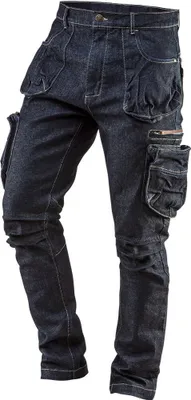 A pair of dark blue denim work pants with multiple pockets.