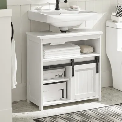 Produktbild von SoBuy BZR61-W Szafka pod umywalkę z drzwiami przesuwnymi Szafka łazienkowa Szafka pod umywalkę Meble łazienkowe Biały WD ok: 60x62x30cm
