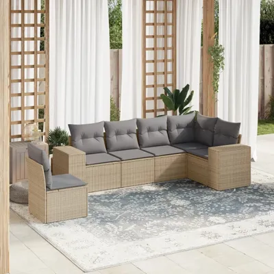 Produktbild von Design 6-tlg. Garten-Sofagarnitur mit Kissen Beige Poly Rattan, Gartenmöbel-Sets 2024 Neu