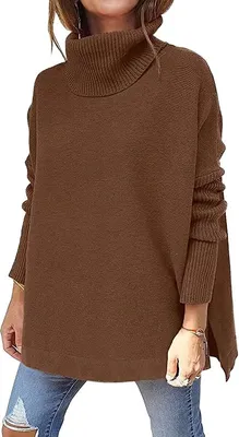 Produktbild von ASKSA Damen Rollkragenpullover Strickpullover Einfarbig Fledermausärmel Pullover, Braun, 2XL