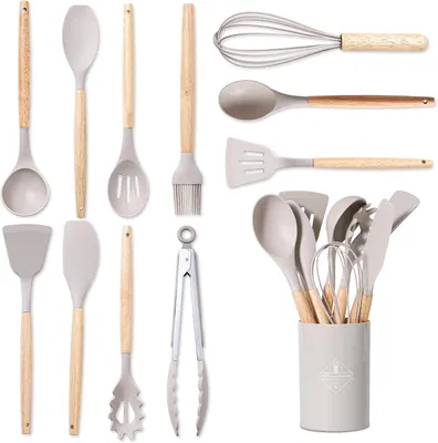 Produktbild von 12-teiliges Küchenhelfer-Set aus Silikon mit Holzgriffen, hitzebeständig, antihaftbeschichtet und leicht zu reinigen, für alle Töpfe und Pfannen (Khaki)