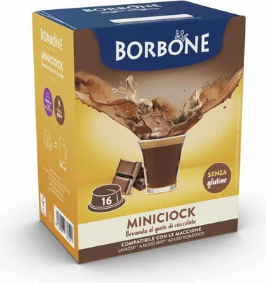 A product box for Borbone MiniCiock chocolate drink capsules.