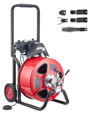 Obrázok produktu pre Stroj na čistenie potrubia – Elektrický čistič odpadov s bubnom – Automatický posuv – Spirálová šnúra 30 m x 19 mm – Pre potrubia s priemerom 100–200 mm – S transportnými kolieskami – Pre toalety a umývadlá