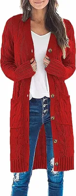 Produktbild von ASKSA Damen Langarm Strickjacke Strick Mantel Zopfstrick Sweater mit Knopfleiste und Taschen, Rot, L