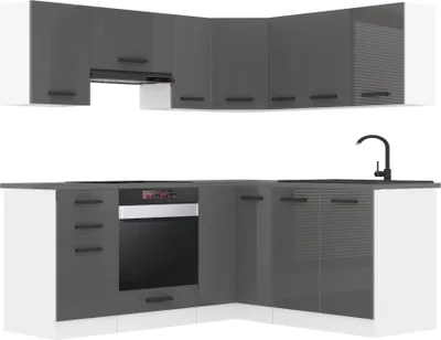 Produktbild von Belini Küchenzeile Küchenblock Küche L-Form SARAH Küchenmöbel mit Griffe, Einbauküche ohne Elektrogeräten mit Hängeschränke und Unterschränke, ohne Arbeitsplatten, Silber Hochglanz