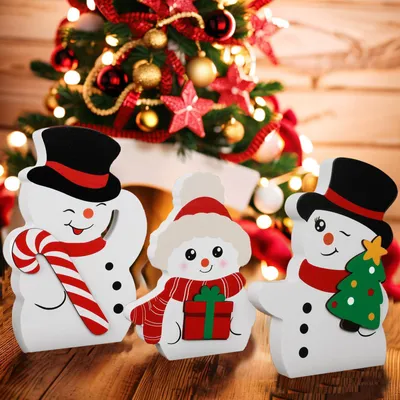 3er-Set Holz-Schneemänner als Weihnachtstischdeko