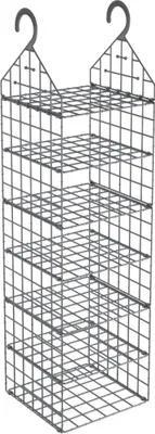 A wireframe hanging storage organizer with multiple shelves and two hooks for hanging.