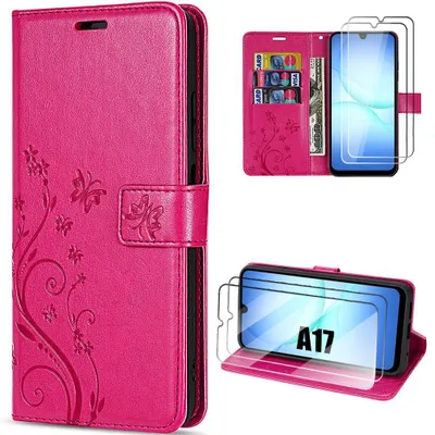 Image de Coque + 2 Verres Trempés pour Samsung Galaxy A17 4G/5G, Cuir Synthétique Antichoc Fuchsia Motif Papillon Fleurs