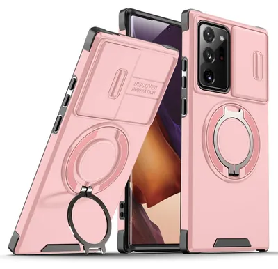 Obrázek produktu pro Dvouvrstvé pouzdro pro Samsung Galaxy Note 20 Ultra, s posuvným krytem fotoaparátu a magnetickým kroužkovým stojánkem Růžový
