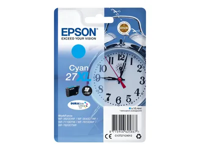 Produktbild von Epson Alarm clock Singlepack Cyan 27XL DURABrite Ultra Ink, High (L) Yield, Cyan, 10,4 ml, 1 Stück(e), 1100 Seiten, Einzelpackung