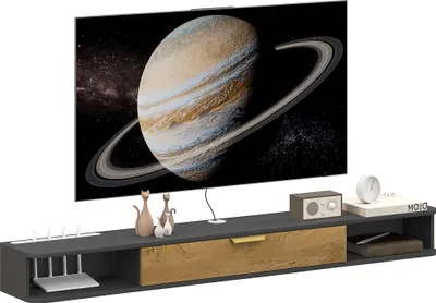 Image de HOMCOM Meuble TV suspendu meuble télé bois banc TV mural avec compartiments ouverts, porte rabattable et passe-câbles, pour salon chambre à coucher, 160 x 24 x 16 cm, gris