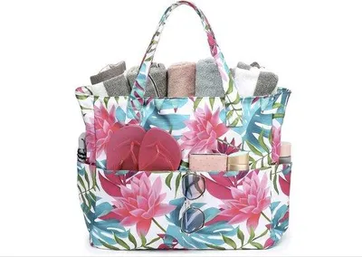 Image de Grand sac de plage avec fermeture éclair, sac à main imperméable pour femme, sac fourre-tout, sac de courses, sac de plage avec fermeture éclair, sac de voyage pour la piscine, le fitness et la famille, motif lotus, style moderne